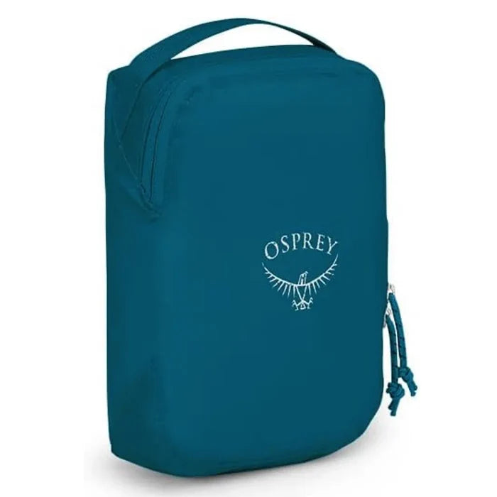 Teal osprey shoe organizer with white logo and drawstring closure in waterfront blue perfect for carry on luggage and suitcase organization