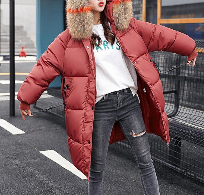 Oversize Faux Fur Hooded Jacket for Women: gray, tan hooded puffer coat, casual winter outerwear style
