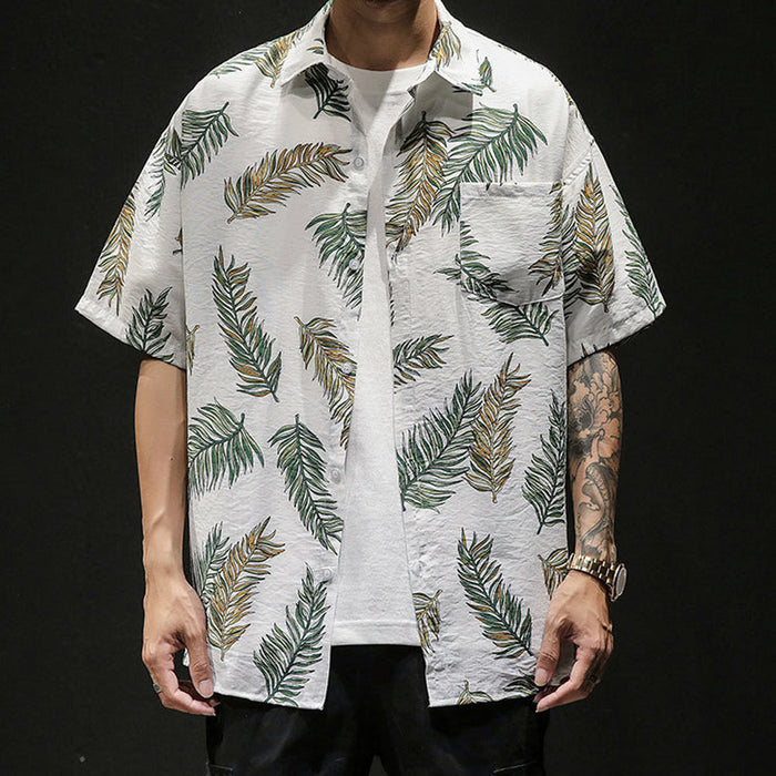 Oversized Tropical Leaf Print Men's Hawaiian Shirt: off-white, green tropical palm leaves, casual tropical style