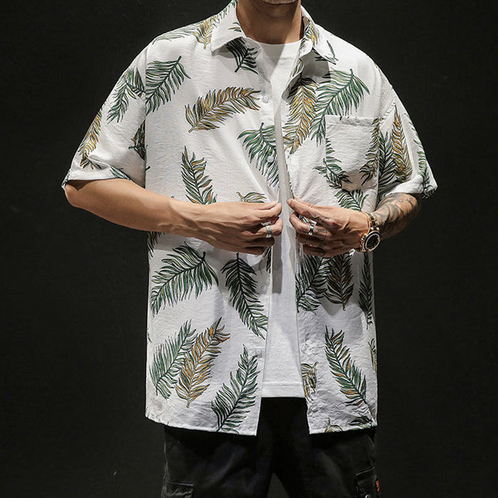 Oversized Tropical Leaf Print Men's Hawaiian Shirt: off-white, green tropical palm leaves, casual tropical style