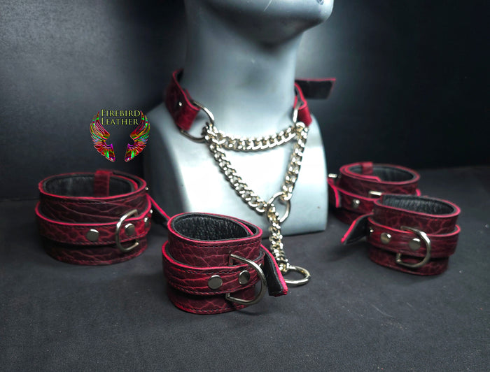 Oxblood Leather Martingale Collar and Cuffs- Made to Order