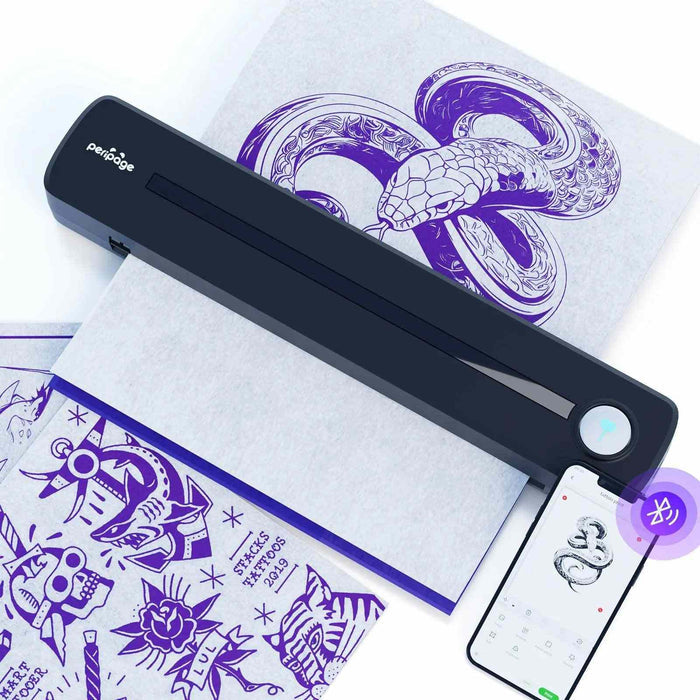 Unlock creativity with the exclusive PeriPage P91 tattoo app, featuring an editor, stencil library, image processing, and 3D tattoo preview.
