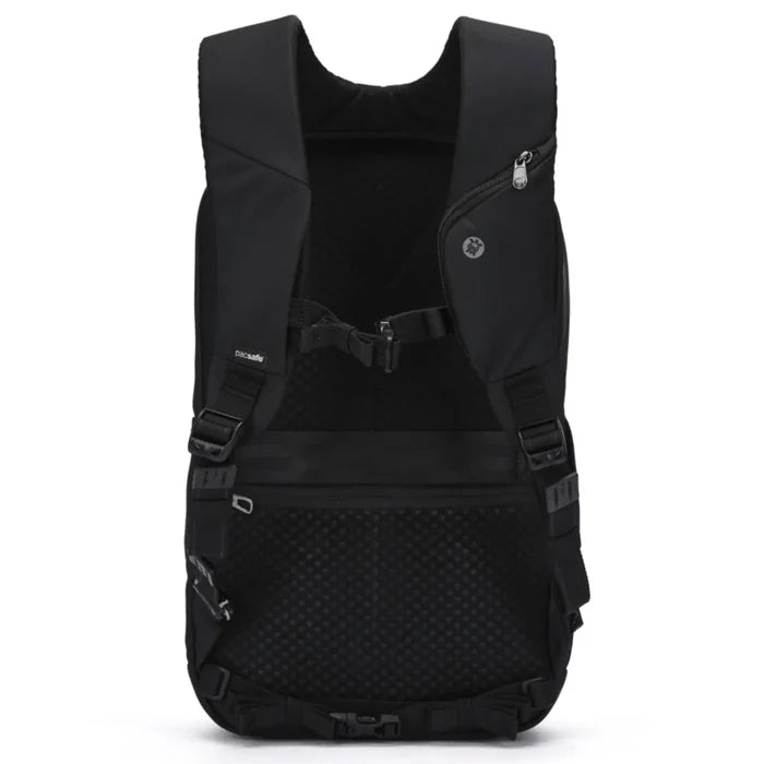 Black pacsafe v city 20l backpack back view with reinforced straps mesh panel and quick access features