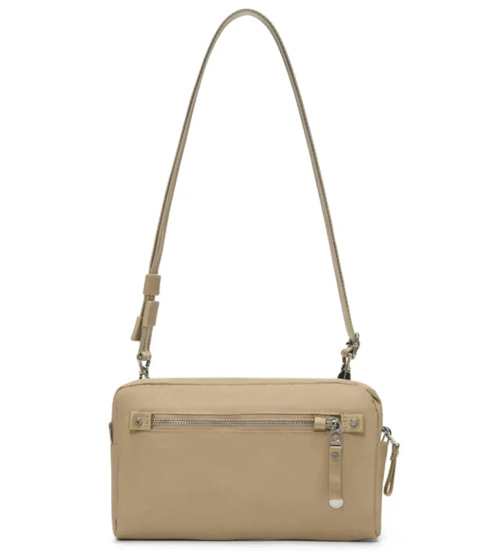 Beige pacsafe w anti-theft 3-in-1 sling pack made of cut-resistant recycled polyester with a sleek minimalist design