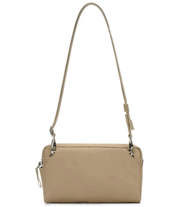 Beige pacsafe w anti-theft sling pack made of recycled polyester with cut-resistant materials and silver hardware