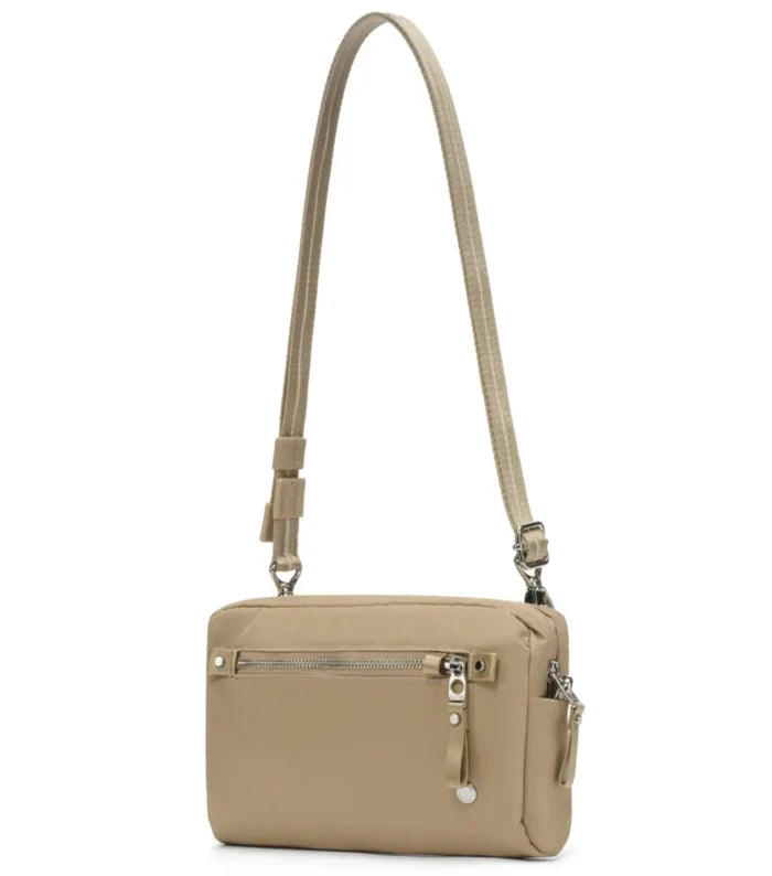 Beige pacsafe w anti-theft 3-in-1 sling pack made with cut-resistant recycled polyester and adjustable strap