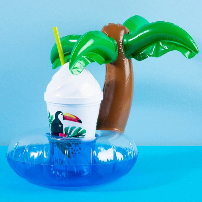 Palm Tree Inflatable Drink Holder for Pool Use: blue, white palm tree theme, cartoon tropical style