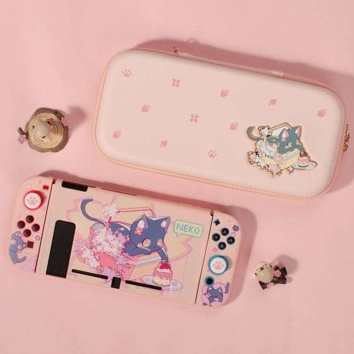 Pastel Pink Switch Carrying Case with Dual Protection: light pink, pink cat theme, kawaii cartoon style