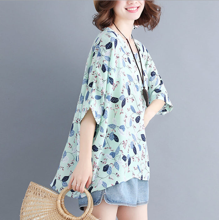 Patterned Loose-Fitting Top for Women: light pink, green leaf and botanical print, casual, cartoon botanical print style