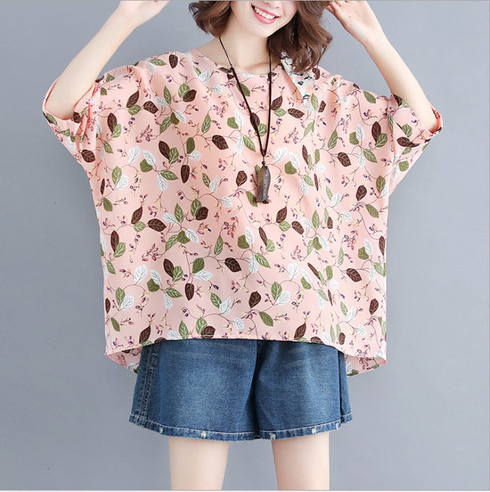 Patterned Loose-Fitting Top for Women: light pink, green leaf and botanical print, casual, cartoon botanical print style