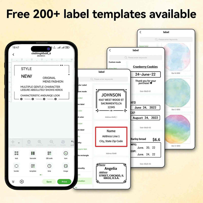 PB20 Bluetooth Label Printer, 2 Inch Portable Picture Thermal Printer, showcasing over 200 label templates available in the app