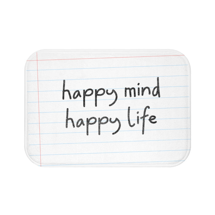Pencil Font Bath Mat for a Joyful Mind and Body: white, light blue "happy mind happy life" text, minimal style