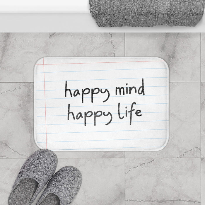 Pencil Font Bath Mat for a Joyful Mind and Body: white, light blue "happy mind happy life" text, minimal style