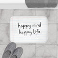 Pencil Font Bath Mat for a Joyful Mind and Body: white, light blue "happy mind happy life" text, minimal style