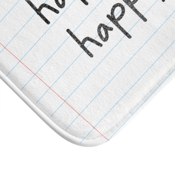 Pencil Font Bath Mat for a Joyful Mind and Body: white, light blue "happy mind happy life" text, minimal style