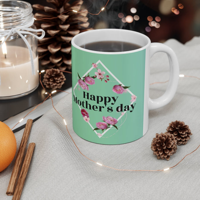 Peony Theme 11oz Mug for a Joyful Mother's Day: white, mint green Mother's Day floral theme, floral graphic style
