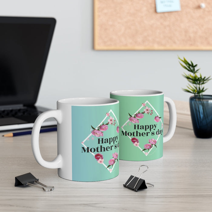 Peony Theme 11oz Mug for a Joyful Mother's Day: white, mint green Mother's Day floral theme, floral graphic style