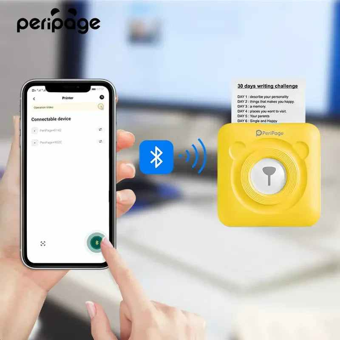 PeriPage 2" A6 Mini Printer being connected via Bluetooth on a mobile phone, showcasing its wireless printing capability for a "30 days writing challenge" printout