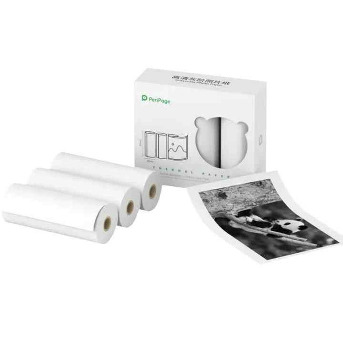 PeriPage thermal paper rolls, three rolls of 77×30mm paper for grayscale printing, with a sample printed panda image