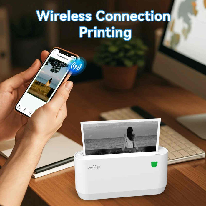 Sleek white PeriPage A9 Max mini thermal printer front view showing minimalist inkless design