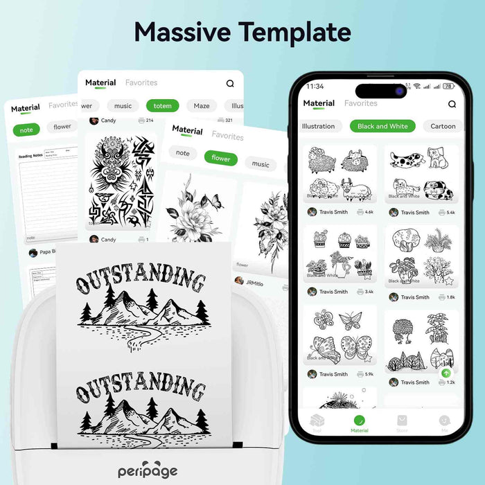 Access a massive template library with your PeriPage P22 including favorites, music sheets, illustrations, cartoons, and reading materials.