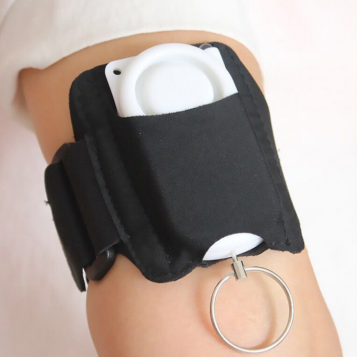 Personal Alarm Wristband for Self-Defense: black, white wearable thigh holster pouch, minimal utilitarian style