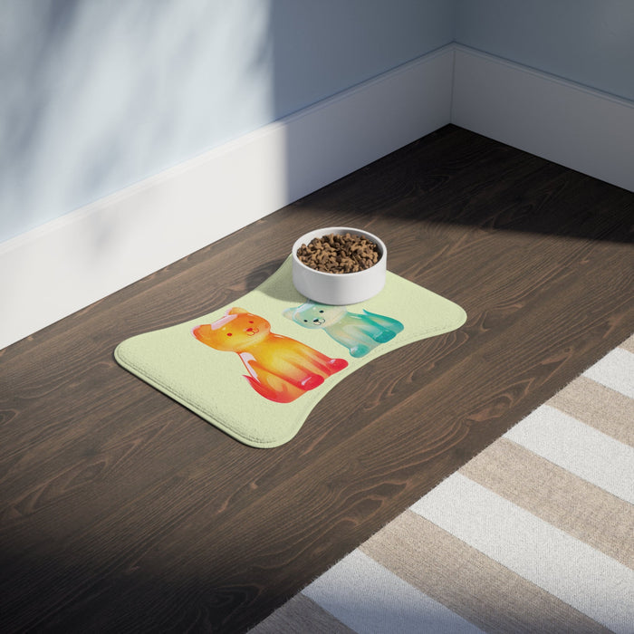 Pet Feeding Mats in 3 Different Sizes Featuring Gummy Dogs Design: light green, orange cat, cartoon style