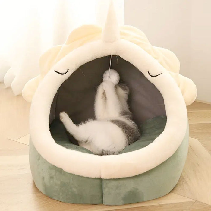 Pet House, Charming Dinosaur Abode: cream white, pale green unicorn-themed, cute cartoon kawaii style
