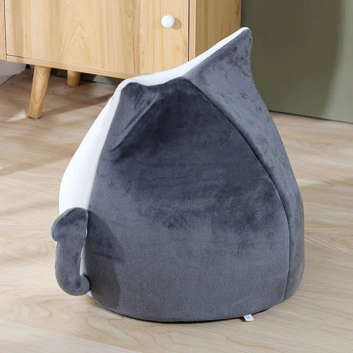 Pet House in Charming Feline Form: white, dark gray cat, kawaii cartoon style