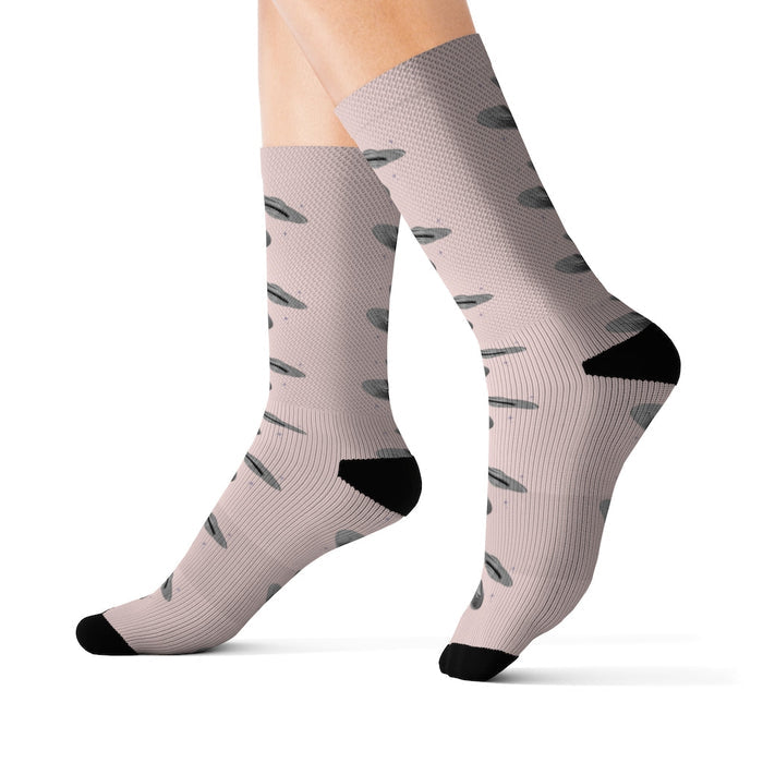 Pink Alien Print UFO Fun Novelty Socks: light pink, black UFOs/flying saucers, cartoon novelty style