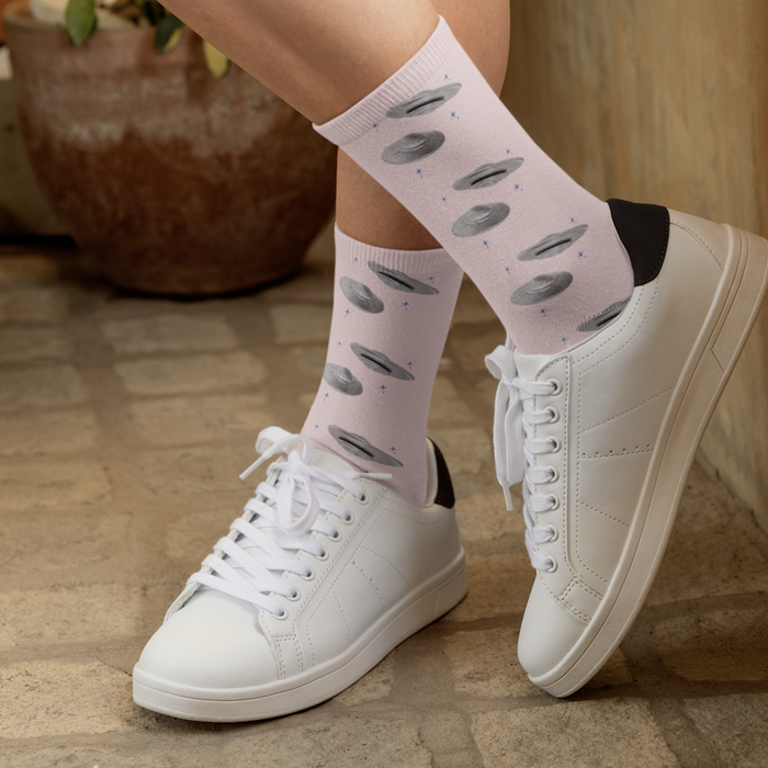 Pink Alien Print UFO Fun Novelty Socks: light pink, black UFOs/flying saucers, cartoon novelty style