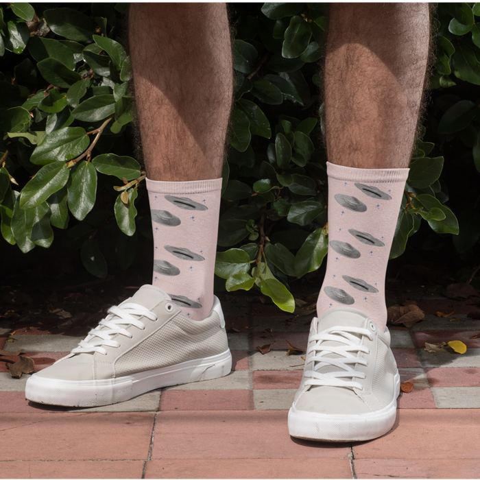 Pink Alien Print UFO Fun Novelty Socks: light pink, black UFOs/flying saucers, cartoon novelty style