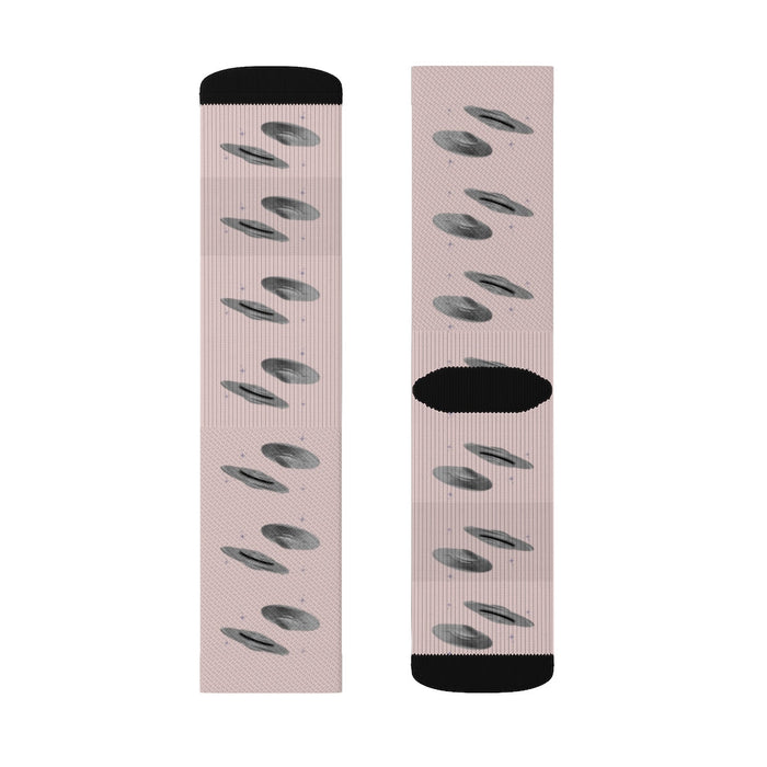Pink Alien Print UFO Fun Novelty Socks: light pink, black UFOs/flying saucers, cartoon novelty style
