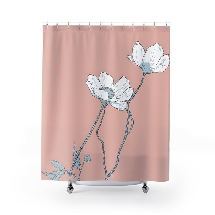 Pink Anemone Shower Curtain: dusty pink, white floral theme, minimal botanical illustration style