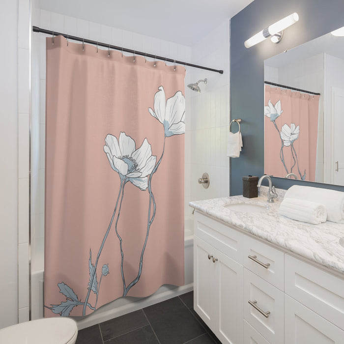 Pink Anemone Shower Curtain: dusty pink, white floral theme, minimal botanical illustration style