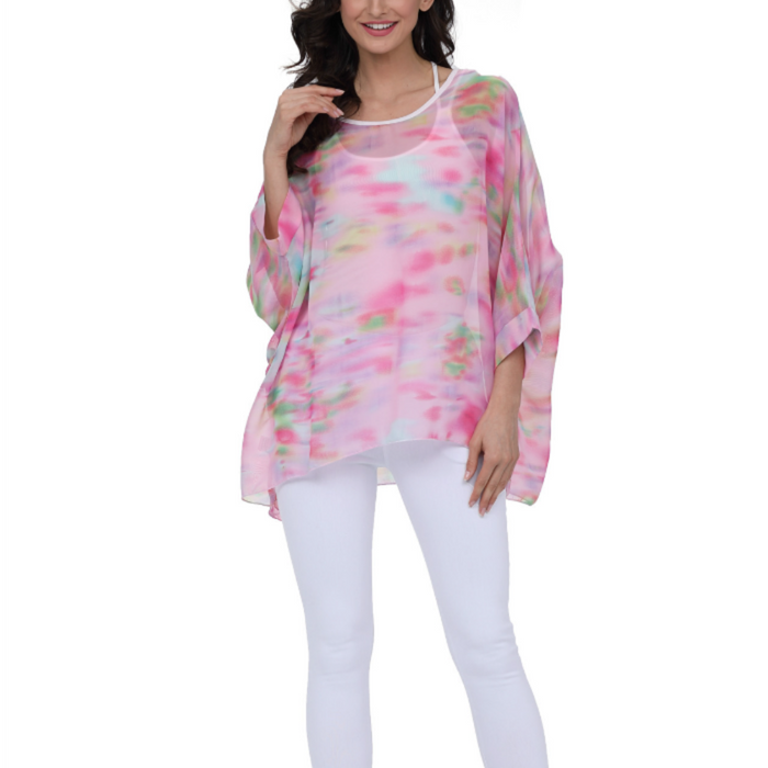 Pink Chiffon Women's Unicorn Blouse: pink, white women's sheer tunic top, casual style