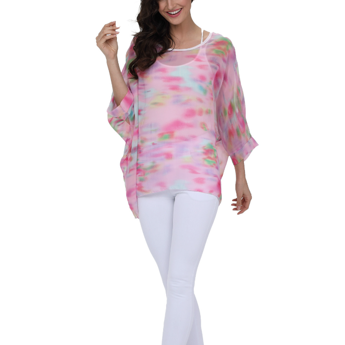 Pink Chiffon Women's Unicorn Blouse: pink, white women's sheer tunic top, casual style