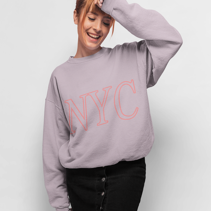 Pink Crewneck Sweatshirt for Women in New York City: light lavender, pale pink sweatshirt, casual minimal graphic style