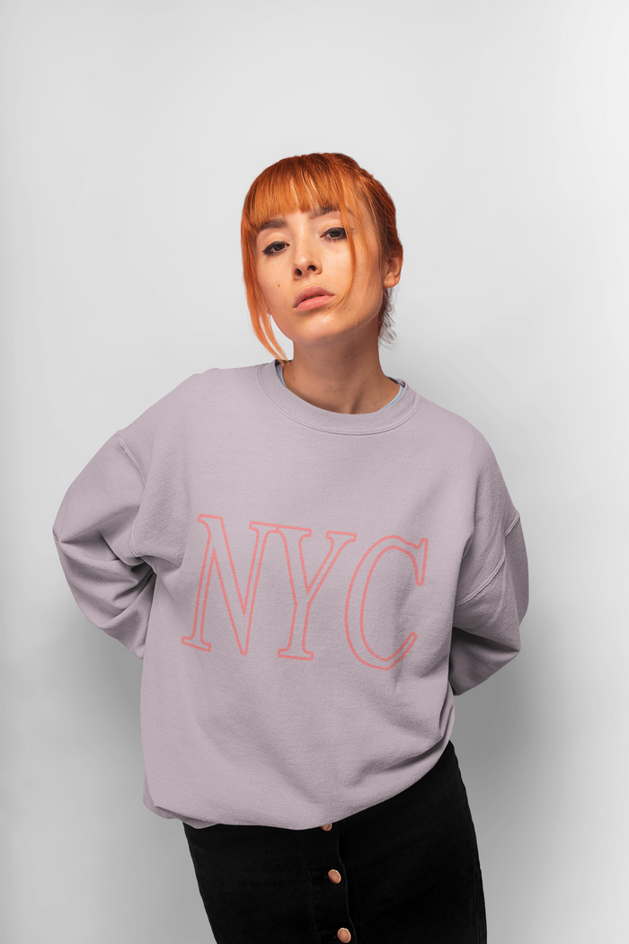 Pink Crewneck Sweatshirt for Women in New York City: light lavender, pale pink sweatshirt, casual minimal graphic style