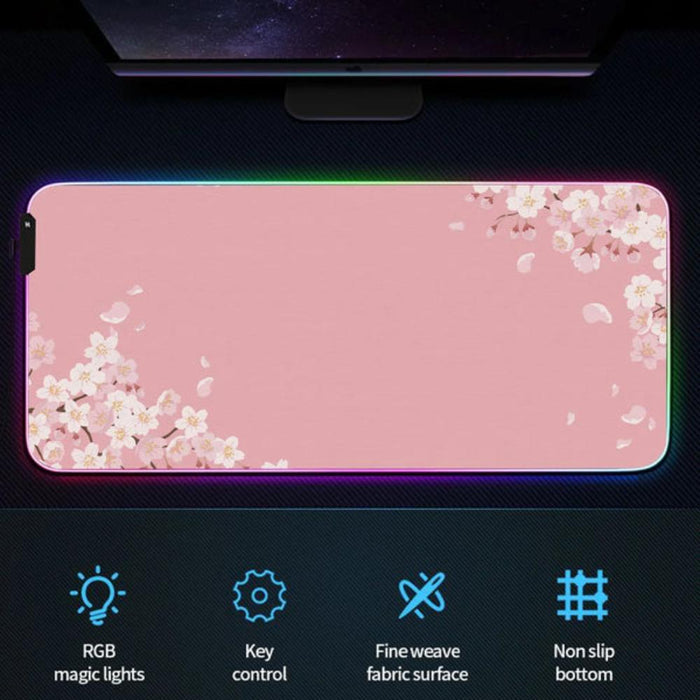 Pink Gaming Mouse Pad with RGB lighting: pink, white cherry blossoms, floral, decorative style