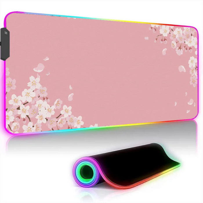 Pink Gaming Mouse Pad with RGB lighting: pink, white cherry blossoms, floral, decorative style