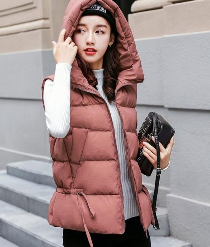 Pink Hooded Puffer Vest with Short Zip Closure for Women: dusty rose pink, white hooded puffer vest, casual winter outerwear