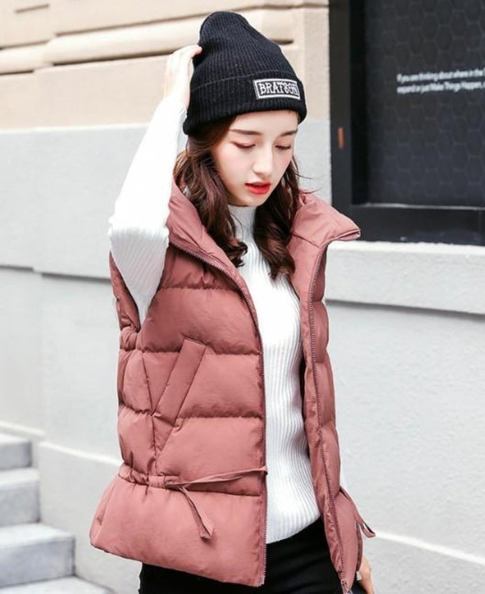 Pink Hooded Puffer Vest with Short Zip Closure for Women: dusty rose pink, white hooded puffer vest, casual winter outerwear