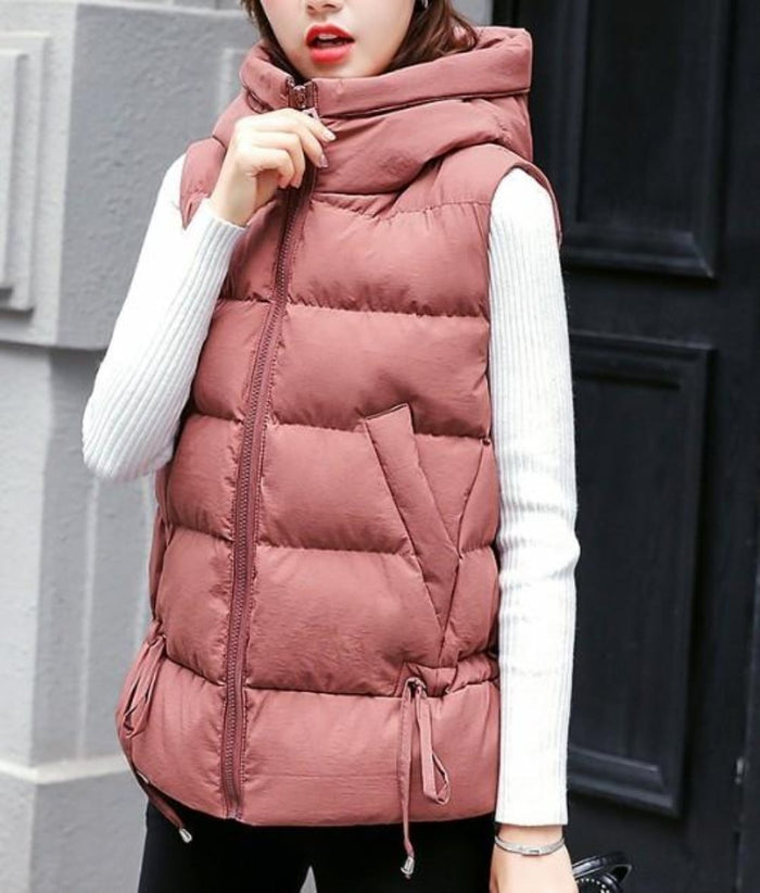 Pink Hooded Puffer Vest with Short Zip Closure for Women: dusty rose pink, white hooded puffer vest, casual winter outerwear