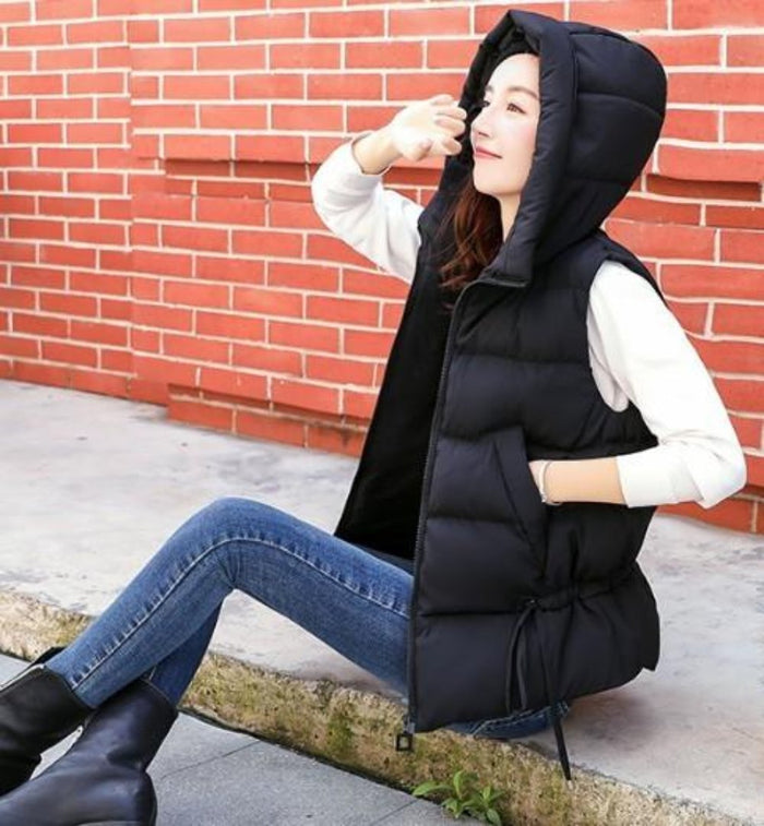 Pink Hooded Puffer Vest with Short Zip Closure for Women: dusty rose pink, white hooded puffer vest, casual winter outerwear