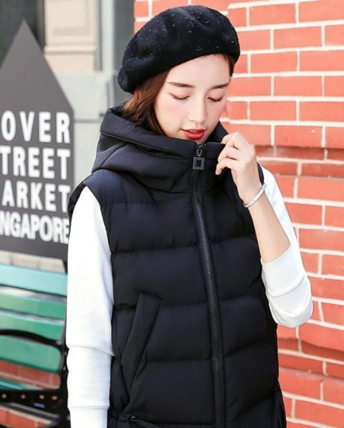 Pink Hooded Puffer Vest with Short Zip Closure for Women: dusty rose pink, white hooded puffer vest, casual winter outerwear