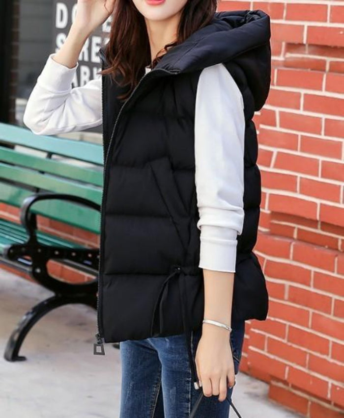 Pink Hooded Puffer Vest with Short Zip Closure for Women: dusty rose pink, white hooded puffer vest, casual winter outerwear