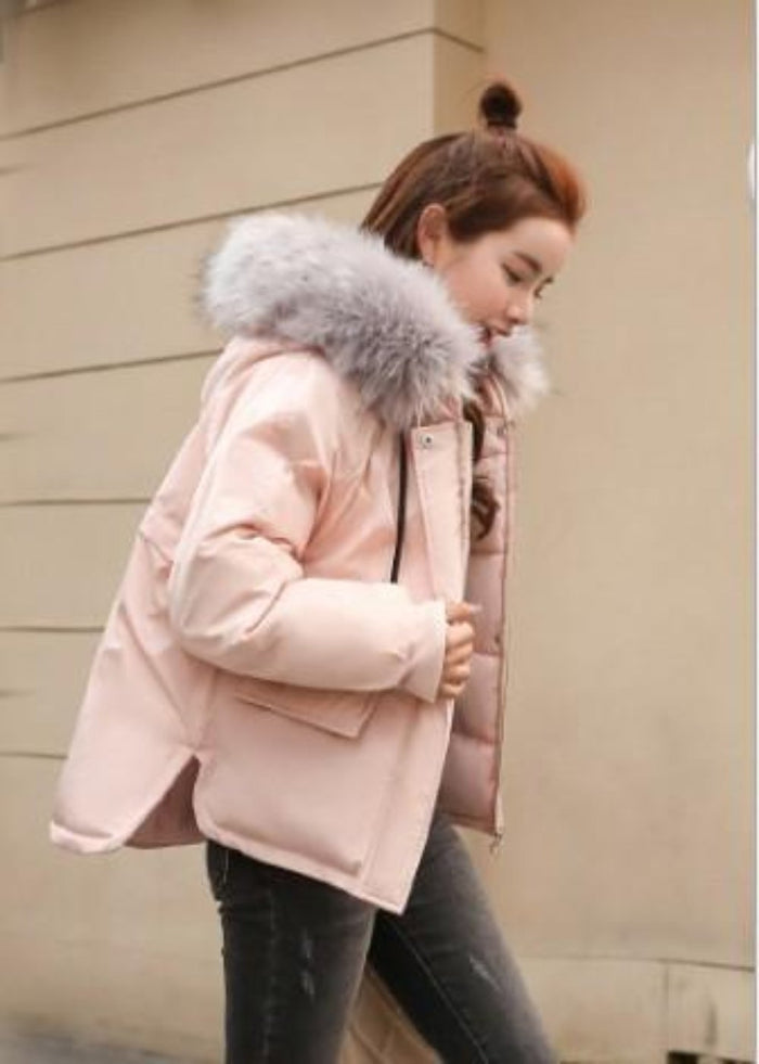 Pink Hooded Short Winter Jacket for Women: light pink, gray hooded winter jacket, casual winter outerwear style