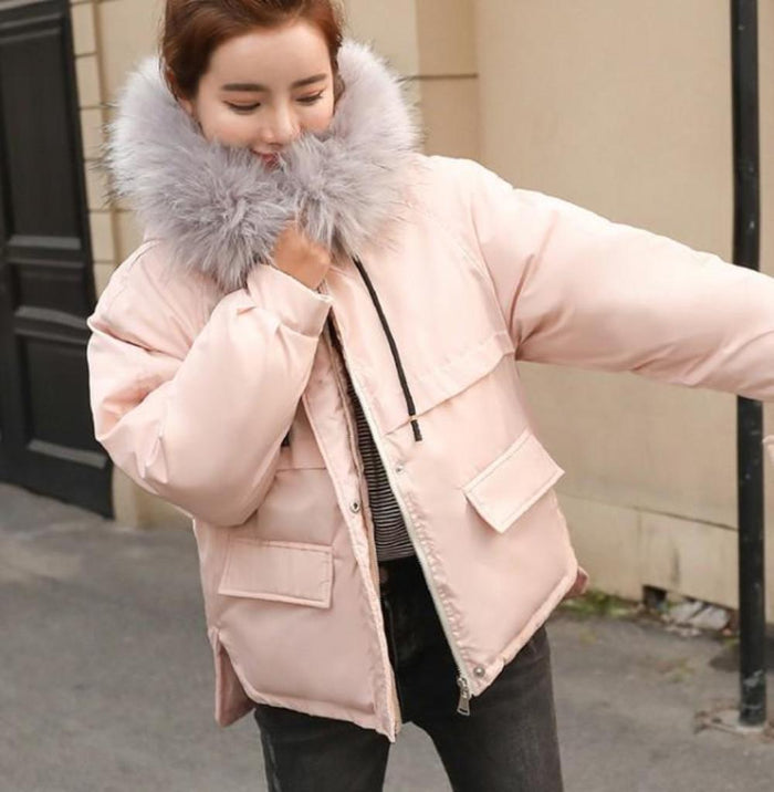 Pink Hooded Short Winter Jacket for Women: light pink, gray hooded winter jacket, casual winter outerwear style