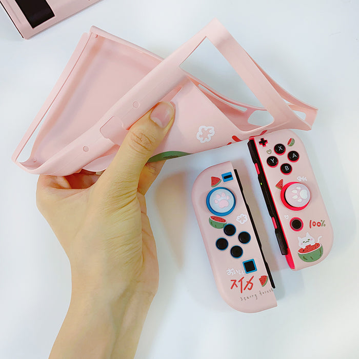 Pink Nintendo Switch Cover Case with Cat: pink, coral red cat and watermelon theme, kawaii cartoon style